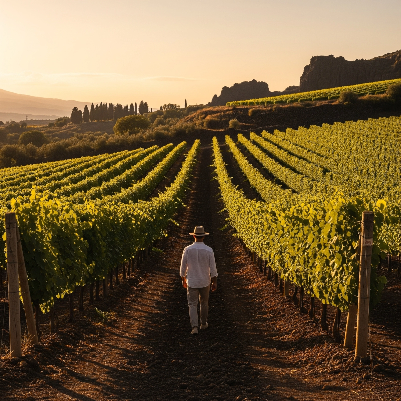 Traveler walking through vineyard rows at golden hour in Tuscany, evoking reflection and the rhythm of slow wine travel