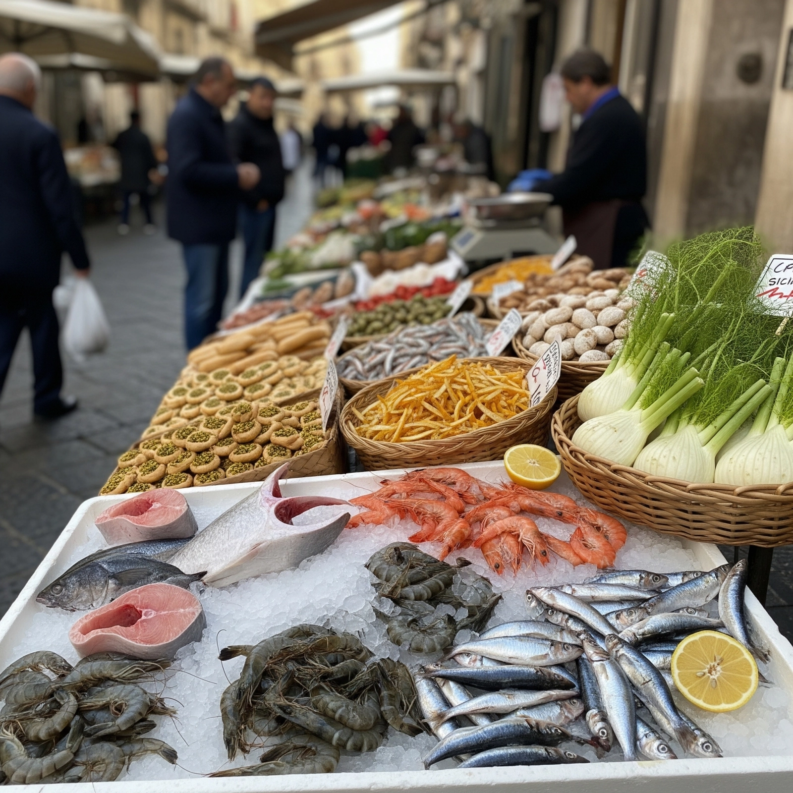 Fresh seafood and local produce on display at a vibrant street market in Catania, Sicily
