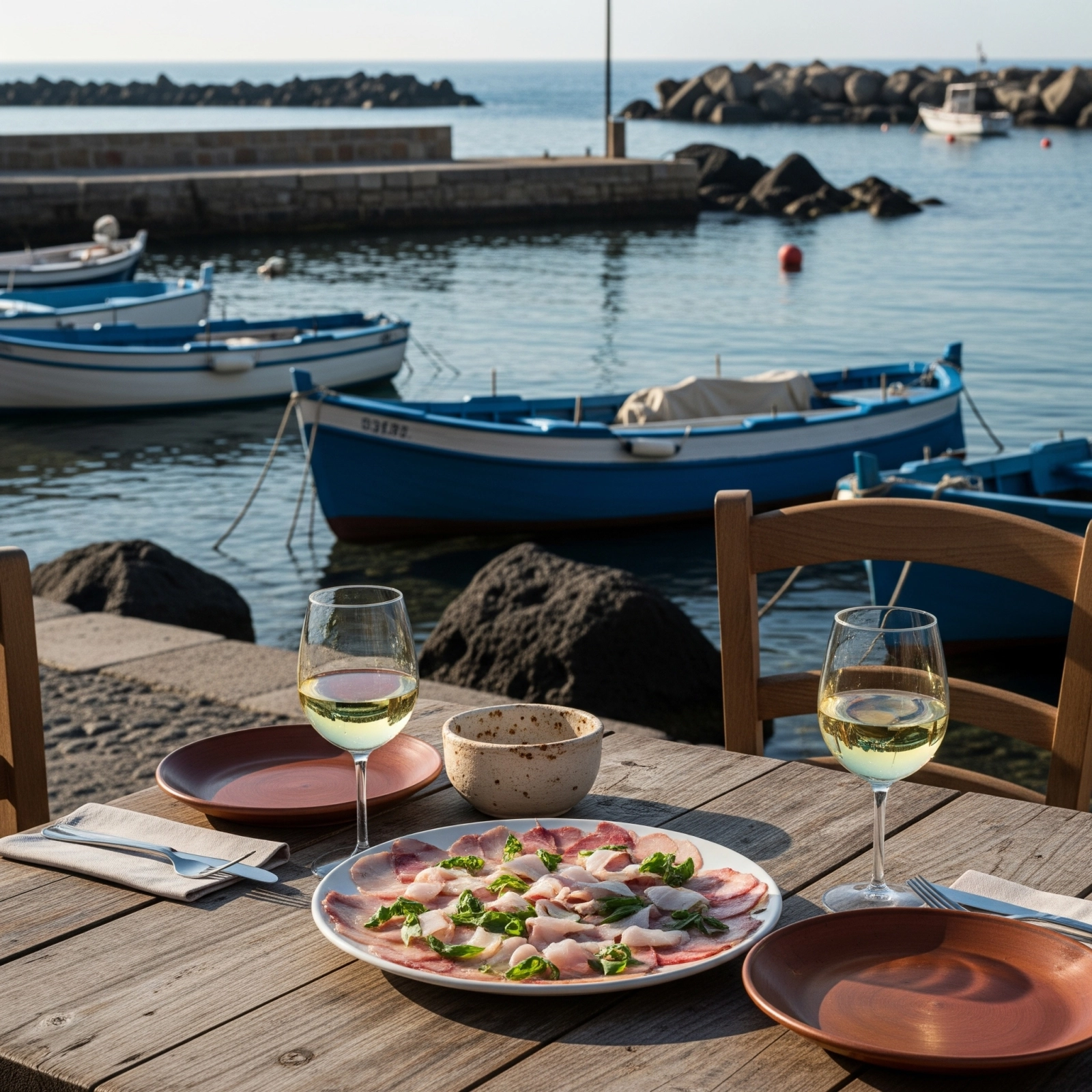 Outdoor lunch by the sea in Sicily with swordfish carpaccio and white wine overlooking a fishing harbor