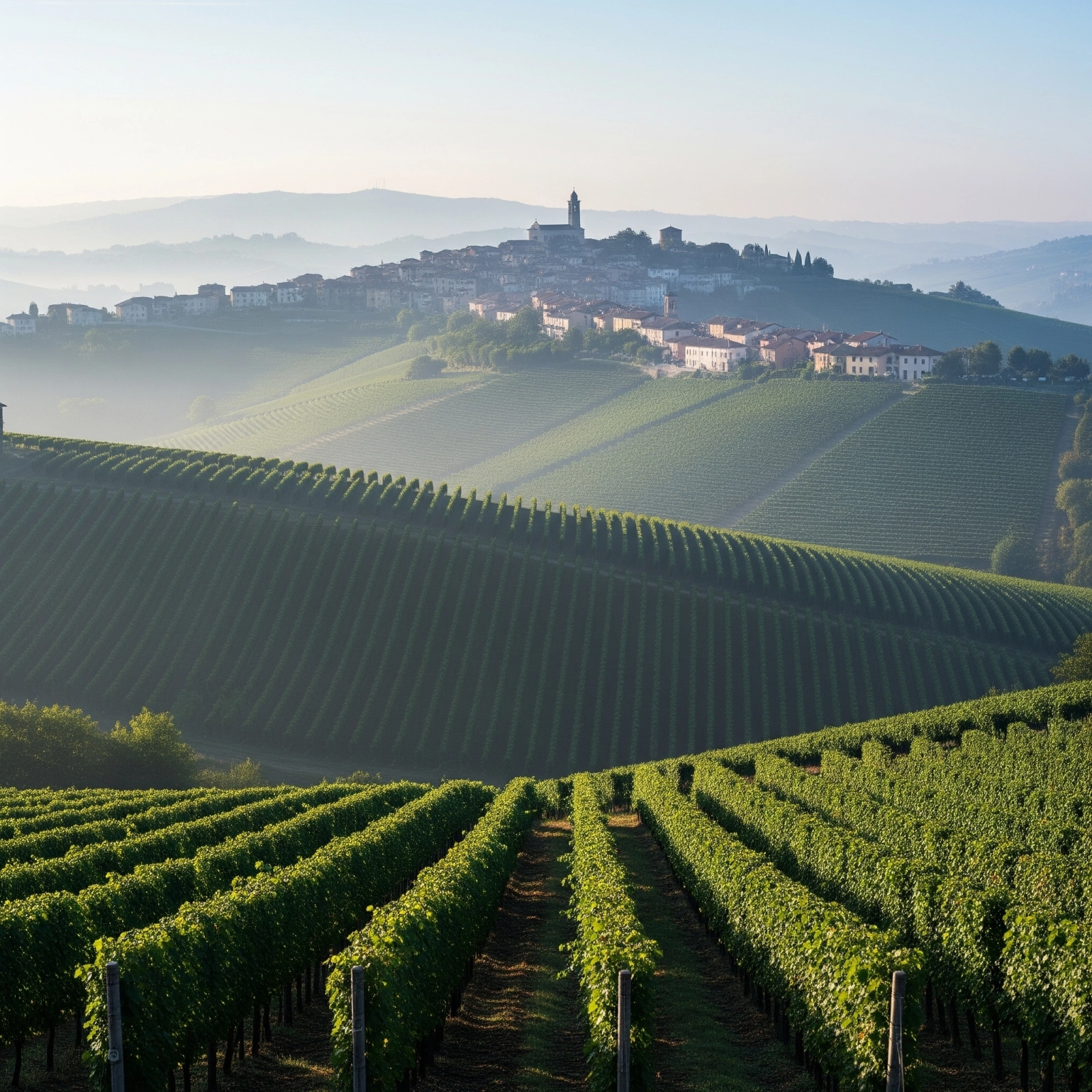 Rolling vineyards of the Langhe region with the village of La Morra shrouded in soft morning mist