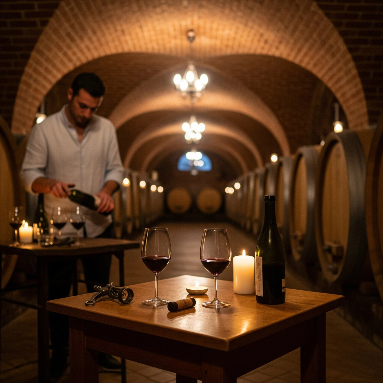 Candlelit wine tasting scene in a traditional Piedmont cellar with a winemaker pouring Barolo