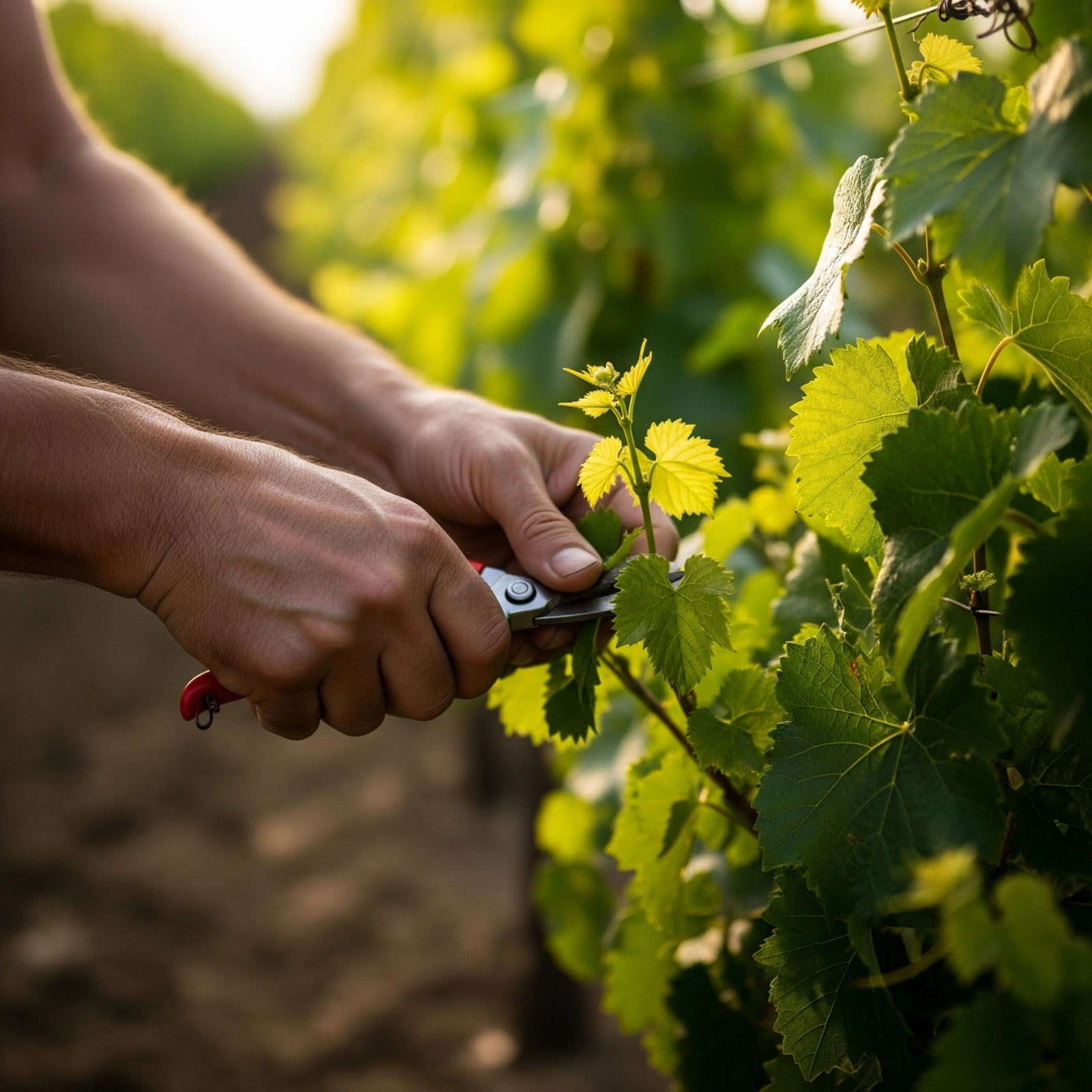 Close-up of winemaker’s hands pruning grapevines in a Chianti vineyard at golden hour