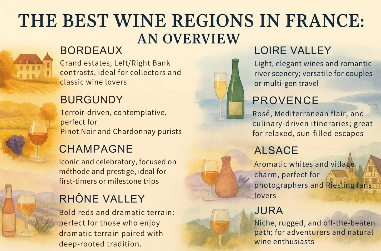 Illustrated infographic of France’s top wine regions including Bordeaux, Burgundy, Champagne, Loire Valley, Provence, Rhône Valley, Alsace, and Jura, with iconographic visuals representing each region’s wine style and cultural essence.