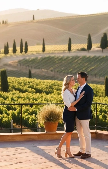 Couple in intimate embrace overlooking a vineyard