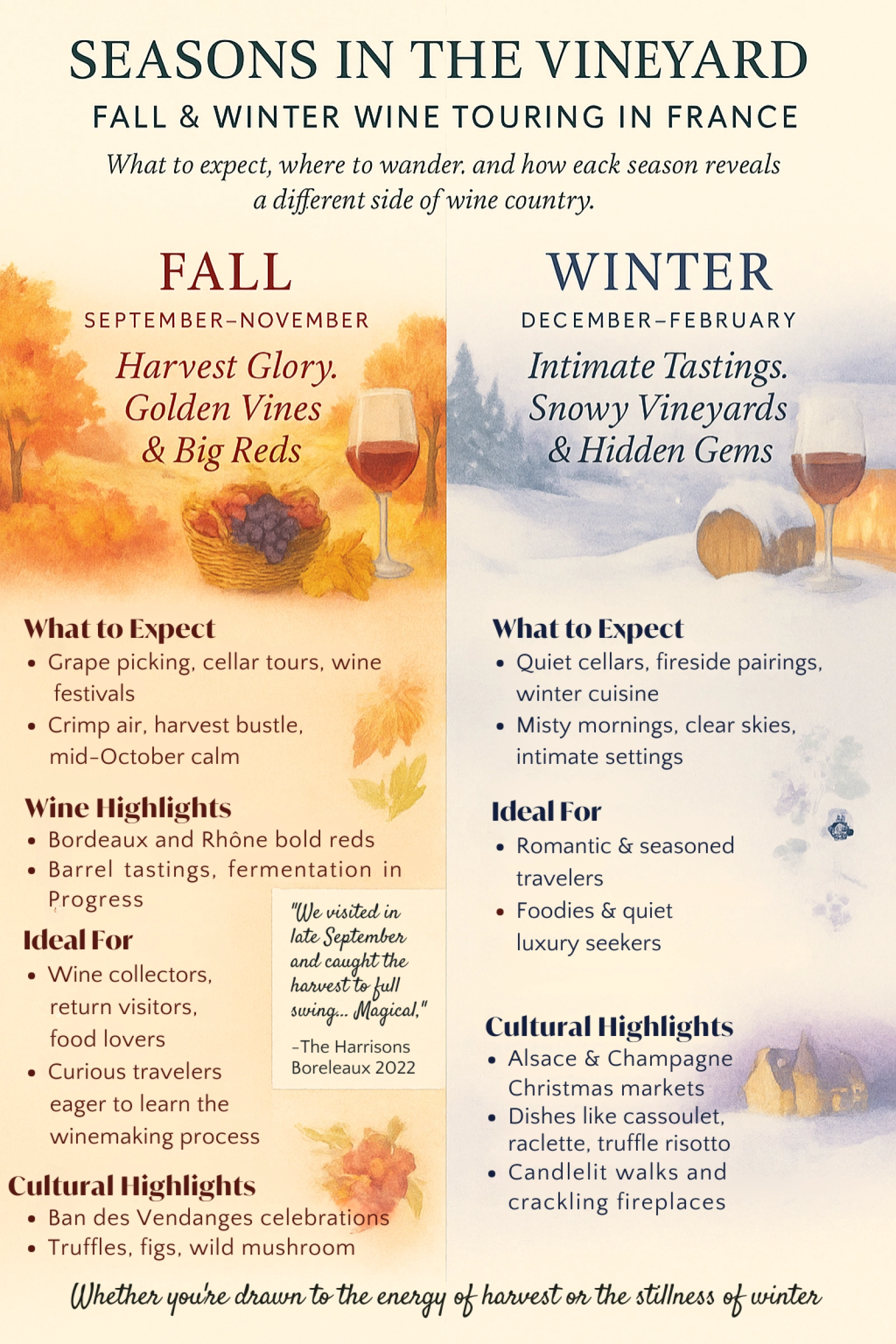 Illustrated infographic showcasing fall and winter wine touring in France, with harvest reds, snowy cellar tastings, and cultural highlights from truffle feasts to Christmas markets.