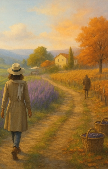 Painterly illustration of a woman walking through vineyards across all four seasons—spring tulips, summer lavender, autumn harvest, and winter stillness—depicting France’s wine country through time.
