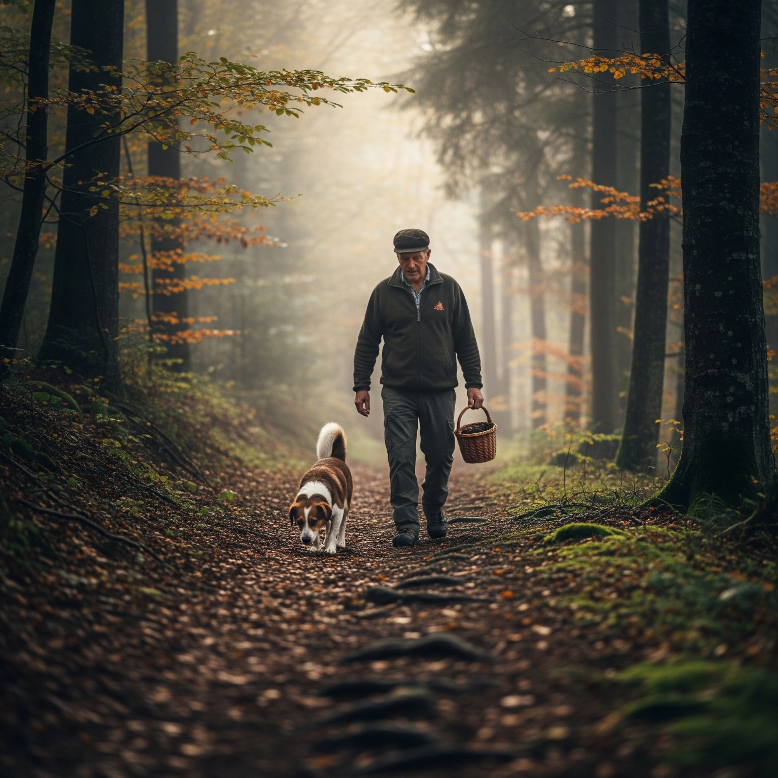 An older man walks a forest path at dawn with his truffle-hunting dog, carrying a wicker basket. Soft morning mist filters through tall trees, casting a warm, golden light over fallen leaves and mossy ground, evoking a quiet, earthy atmosphere in the Piedmont countryside.