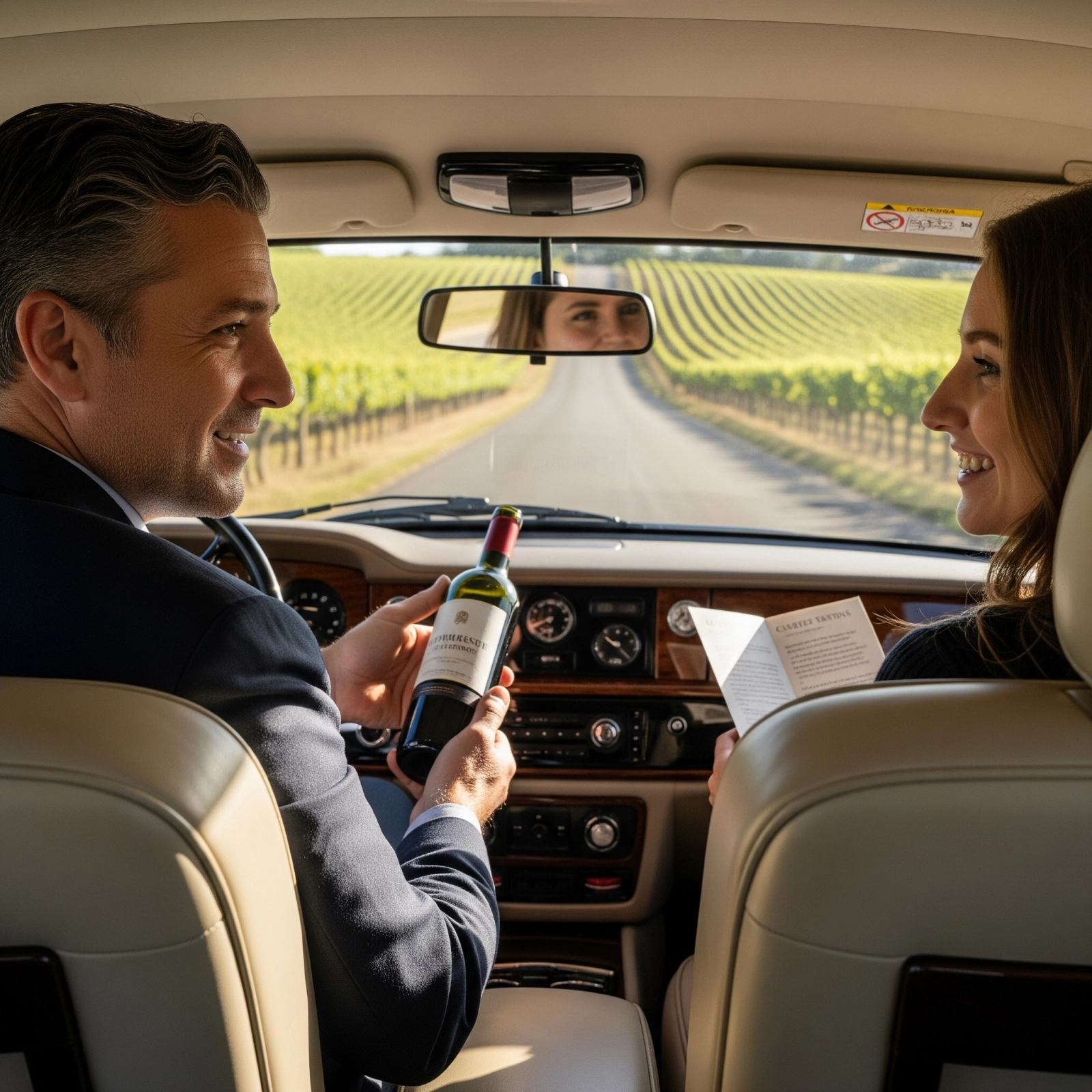 A smiling man and woman share a lighthearted moment inside a luxury car driving through a vineyard. The man, seated in the front, holds a bottle of wine while the woman in the back seat reads a tasting note, both engaged in friendly conversation. The sunlit road is flanked by rows of grapevines, visible through the windshield, evoking a relaxed, personalized wine touring experience.