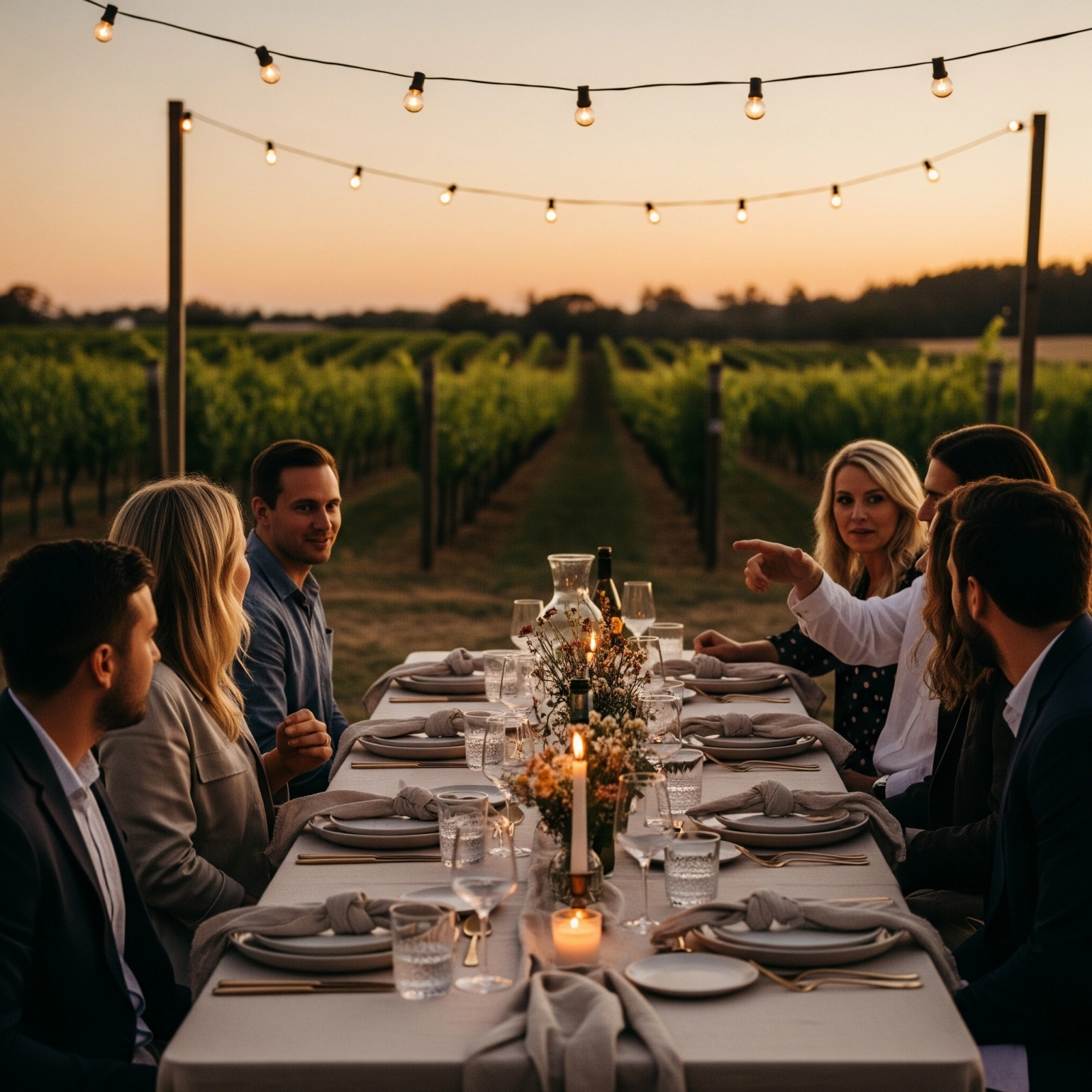 A group of elegantly dressed guests share a candlelit dinner at a long table set between vineyard rows at sunset. String lights glow overhead, and the table is styled with neutral linens, floral centerpieces, and fine glassware. The warm twilight sky and distant vines create an atmosphere of connection, celebration, and effortless luxury.