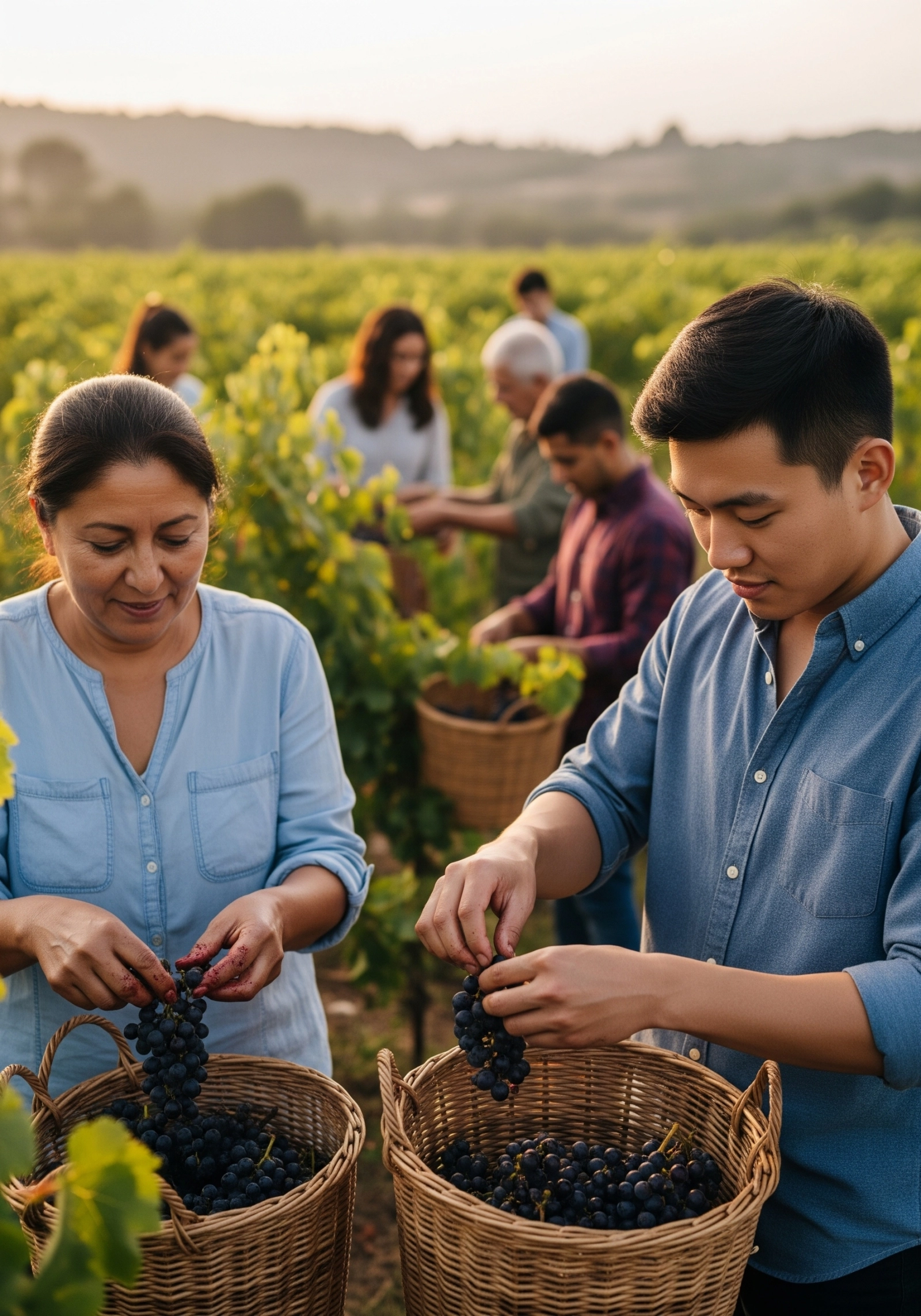 A diverse group of people participate in a small-scale grape harvest, hand-picking clusters of dark grapes and placing them into woven baskets. The scene is set in a sunlit vineyard with soft hills in the background, capturing a sense of community, care, and sustainable winemaking practices.