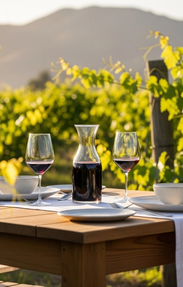 An elegantly set wooden table for two nestled among lush vineyard rows in Chile’s Maipo Valley at golden hour. The table features a white linen runner, ceramic plates, a carafe of red wine, and two crystal glasses, with warm sunlight filtering through vibrant green grapevines and Andean foothills softly silhouetted in the background.