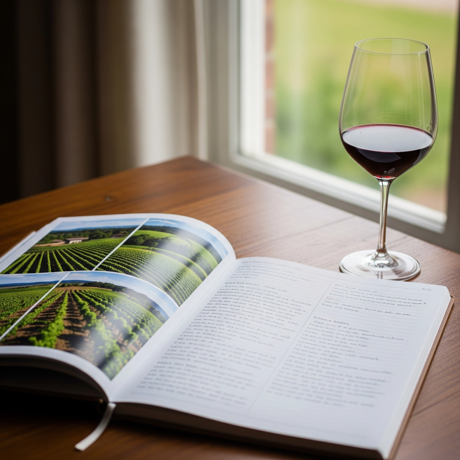An open book showing vineyard photographs sits on a wooden table next to a glass of red wine, softly lit by natural light from a window. The scene evokes reflection, knowledge, and the lingering connection between wine and place.