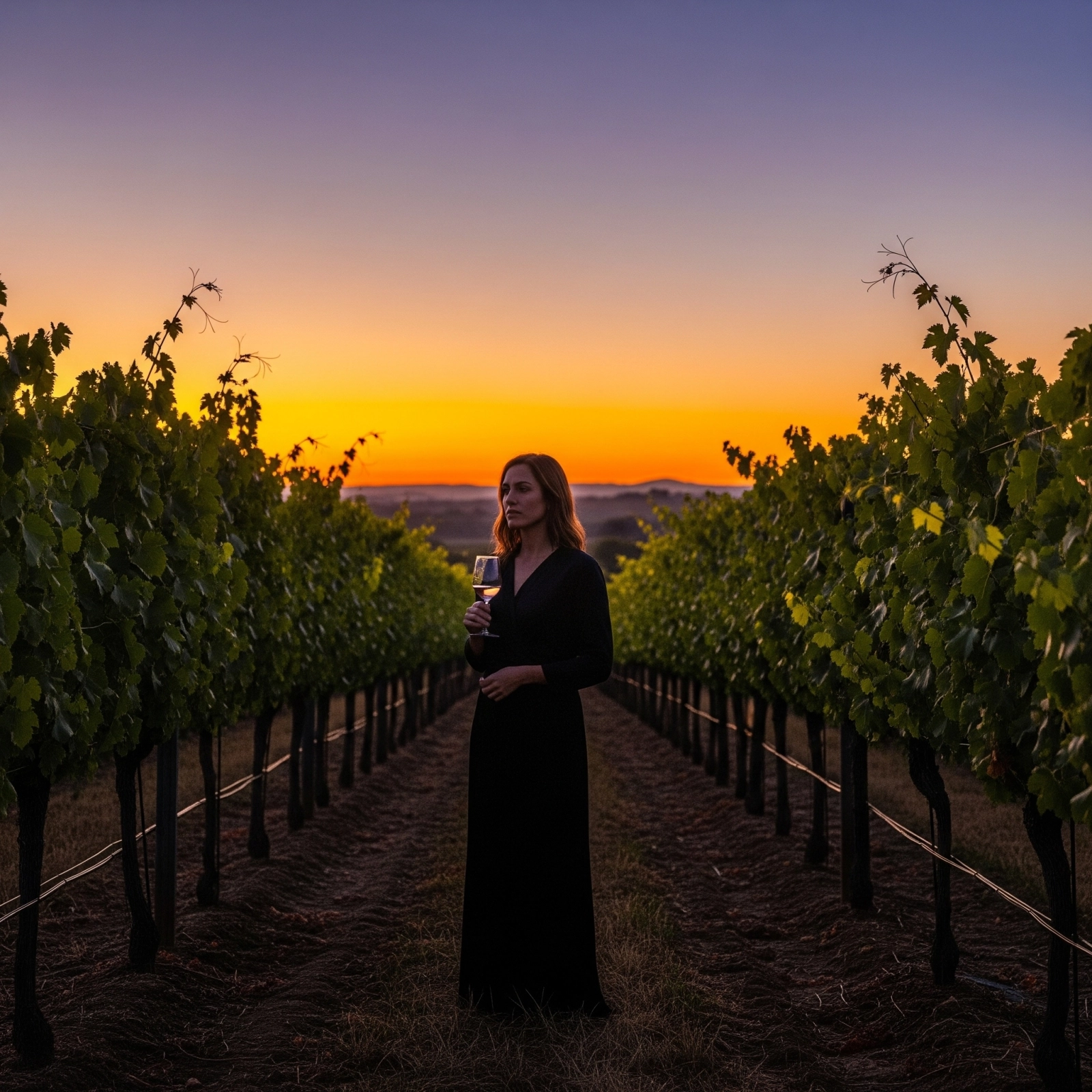 A solitary guest stands between vineyard rows at dusk, holding a glass of wine. The setting sun bathes the vines in warm light, creating a contemplative, emotionally rich scene that marks a quiet turning point in their wine journey.