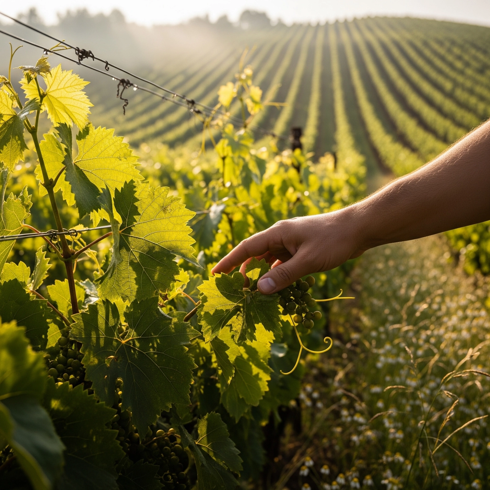 A close-up of a hand gently touching grapevine leaves in a sunlit vineyard at sunrise. The background shows rows of vines bathed in golden light, evoking sensory awareness and a deep connection to terroir.