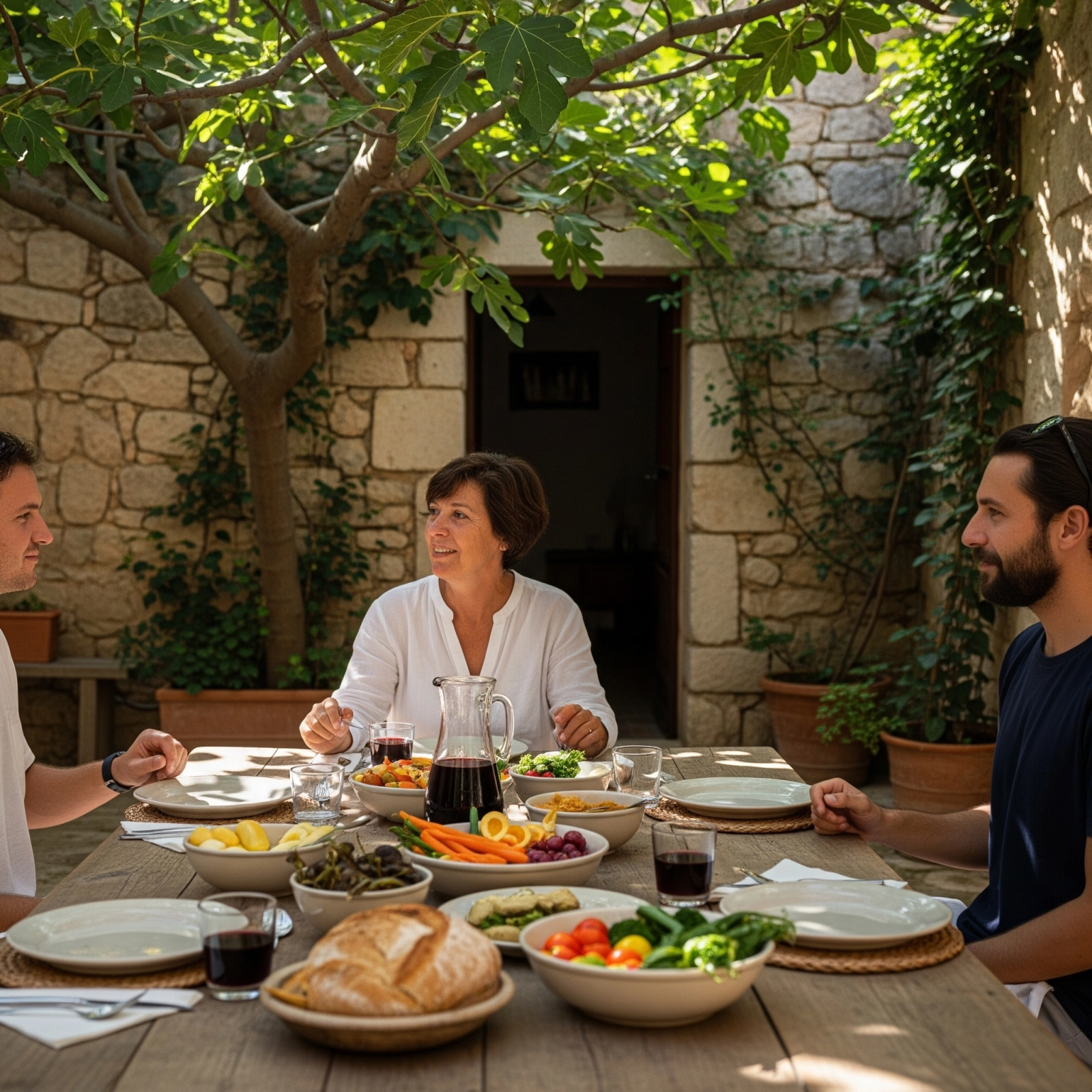 Three guests share a rustic lunch under a fig tree in a stone-walled courtyard. Seasonal vegetables, bread, and wine fill the table, capturing warmth, cultural connection, and the joy of slow travel.