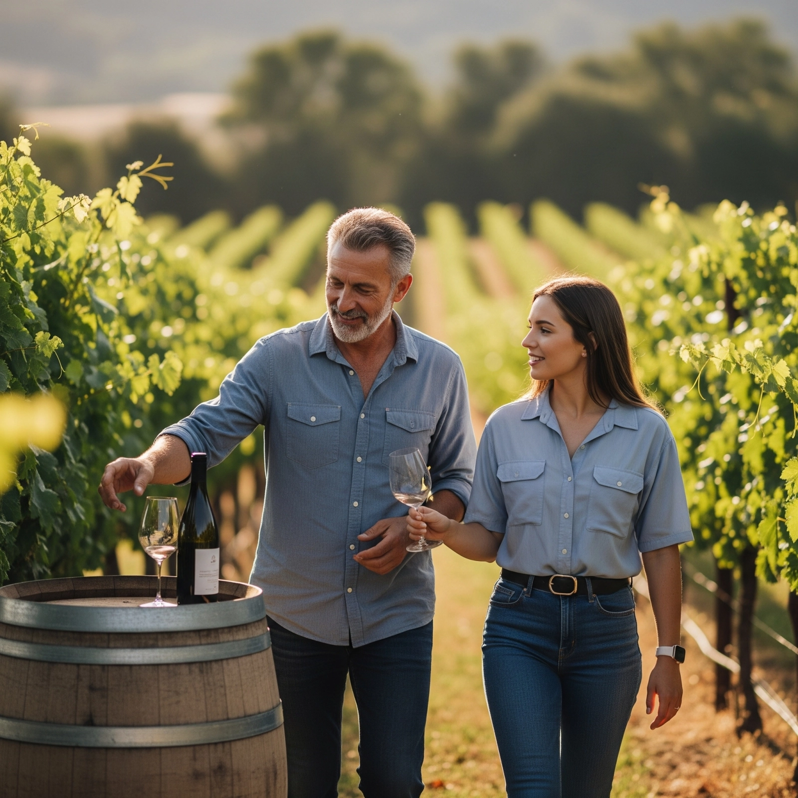 A winemaker and guest walk side by side through vineyard rows, holding glasses of wine near a barrel tasting station. The late afternoon sun casts a warm glow, highlighting personal connection and insider access.