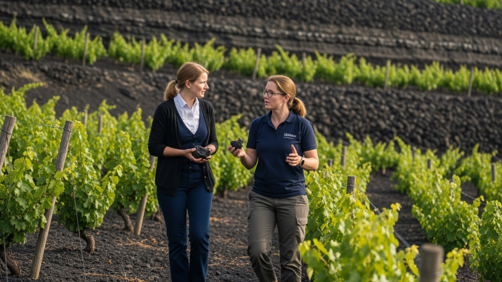 Two women walk through volcanic vineyards on the slopes of Mount Etna, holding soil samples and engaged in discussion. The dark, terraced terrain and lush vines illustrate discovery and the geological story beneath every glass.