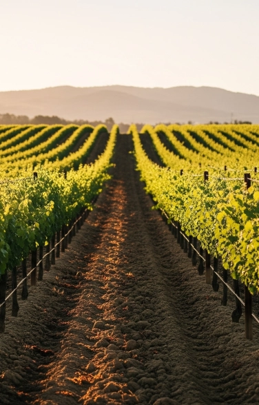 A wide-angle view of sunlit vineyard rows stretching toward distant hills at golden hour. The soft, directional light enhances the textures of the vines and soil, offering a tranquil, place-rooted visual to open a luxury wine travel story.