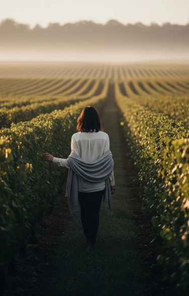 Solo traveler walking through misty vineyard rows at sunrise in France, evoking reflection, connection, and the quiet luxury of slow wine travel