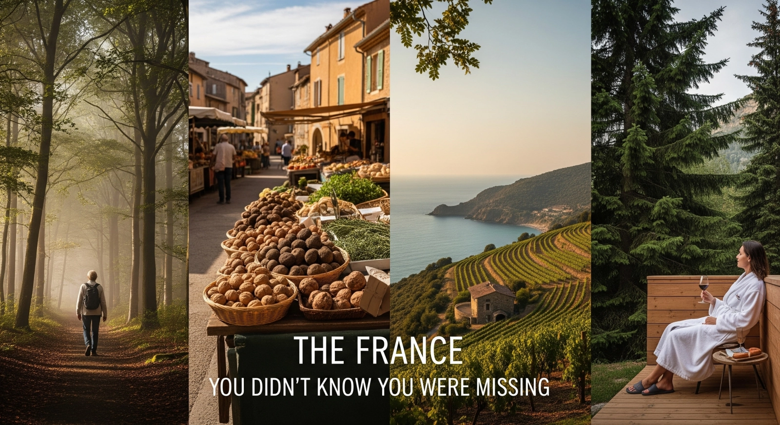 A montage of immersive wine travel in France featuring a forest walk in the Jura, a Provençal market with truffles and herbs, coastal vineyards in Cap Corse, and a spa terrace in the Vercors Massif—capturing the hidden, restorative side of luxury travel in France.